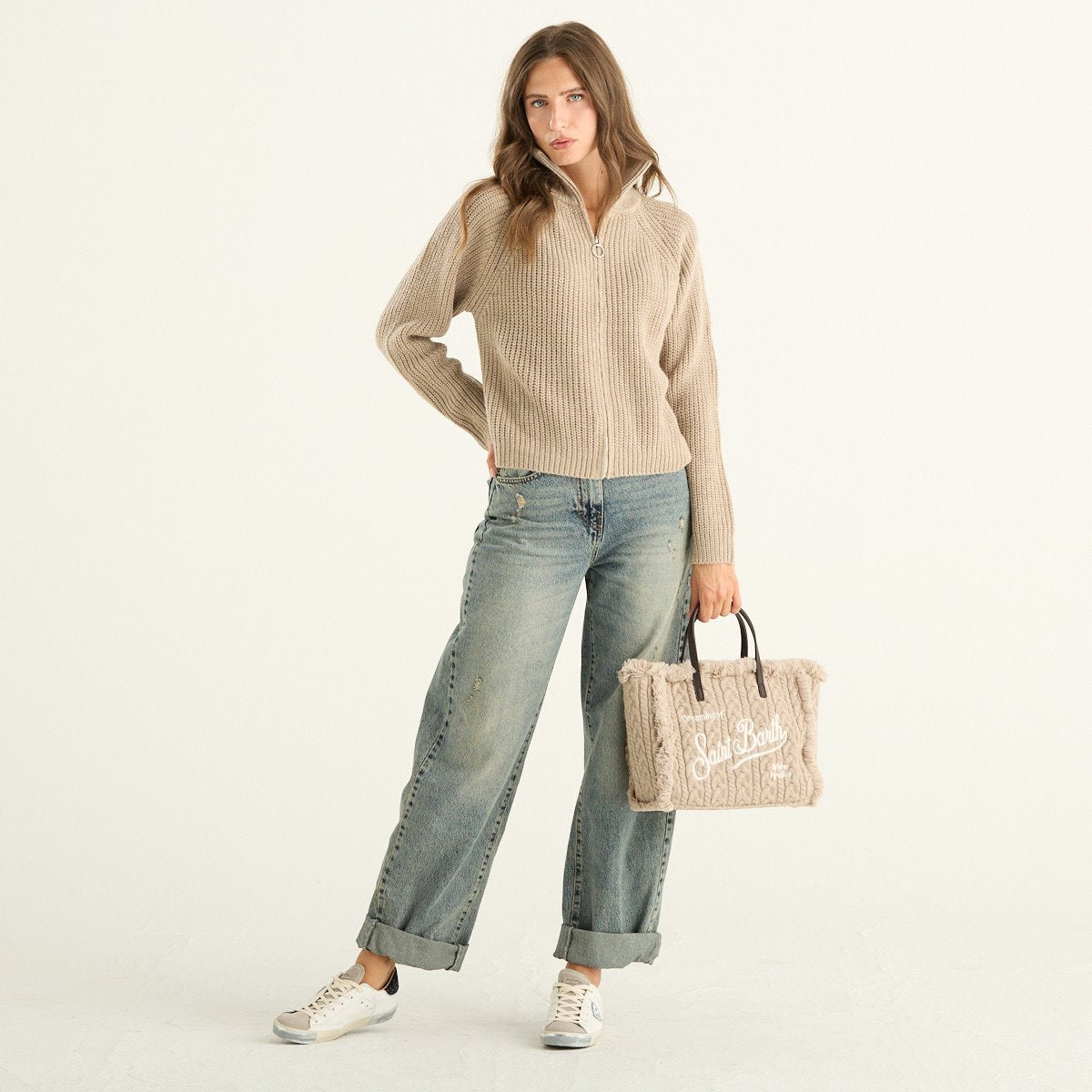 Haveone cardigan donna beige a coste con zip e collo alto