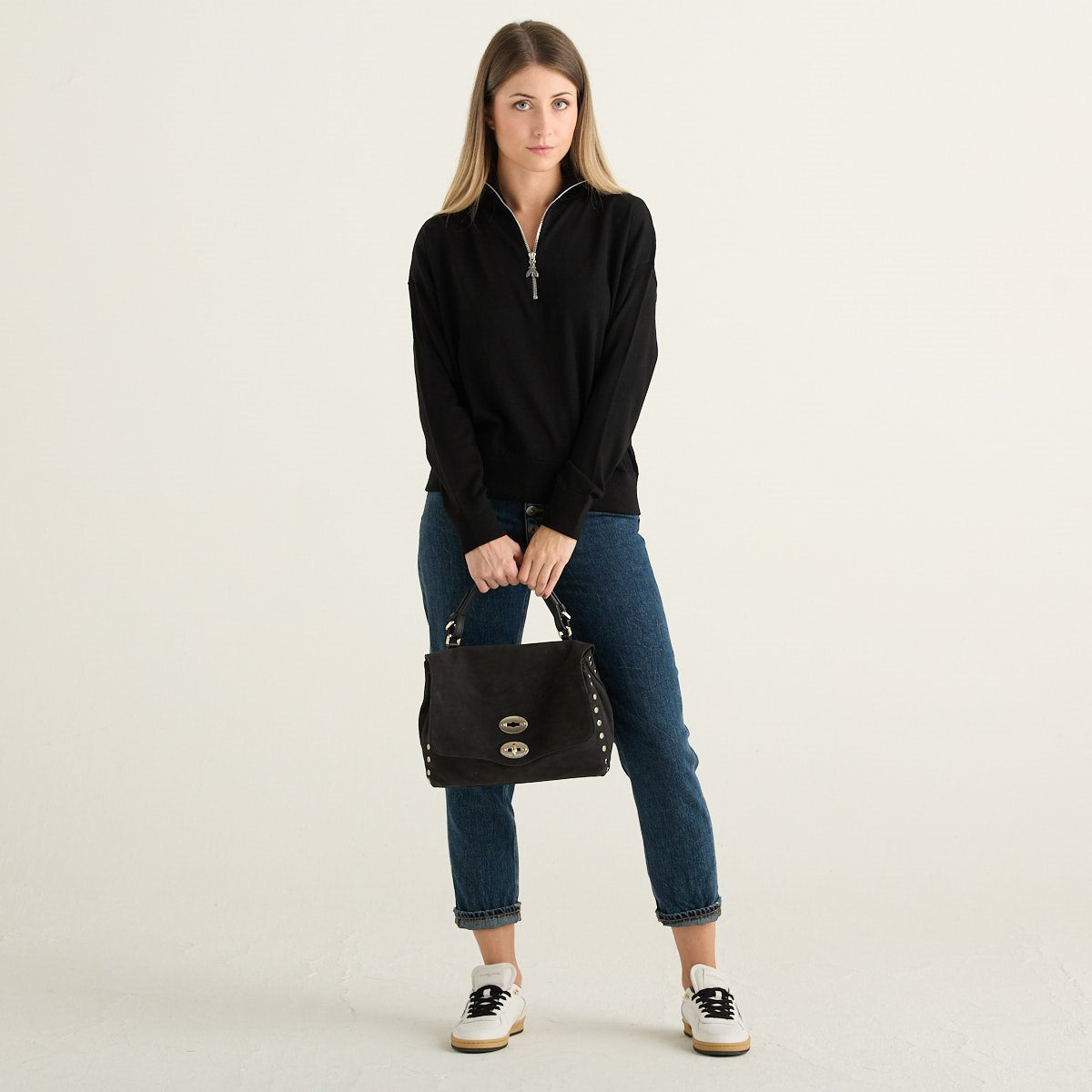 Patrizia Pepe Maglia Donna Nera in Lana con Collo Alto e Mezza Zip