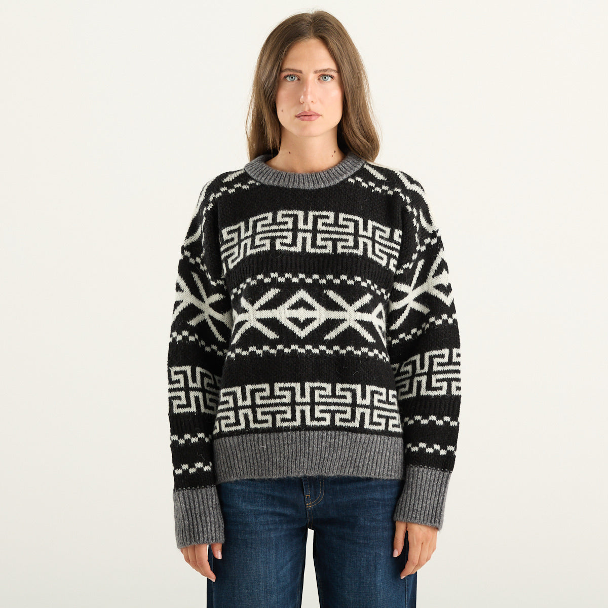 Woolrich – Maglione donna jacquard nero, bianco e grigio