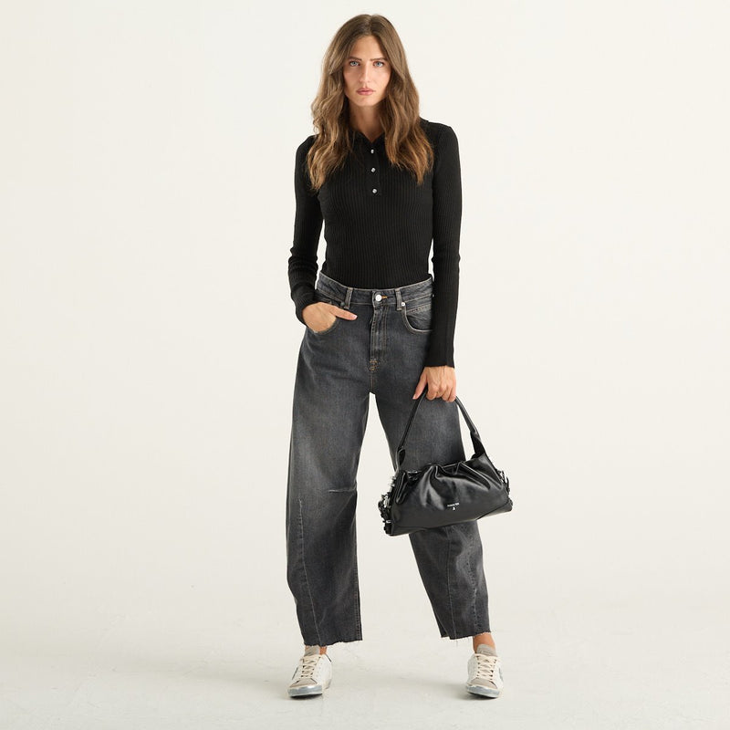 Haveone polo donna nera in maglia a coste con bottoni strass
