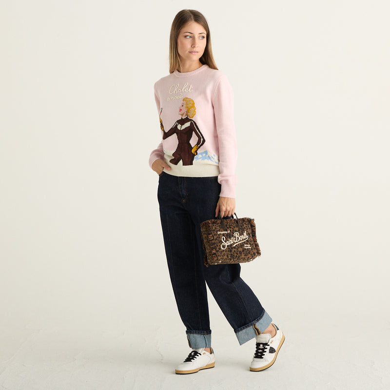 MC2 Saint Barth Maglione Donna Rosa con Ricamo Chalet e Rosé