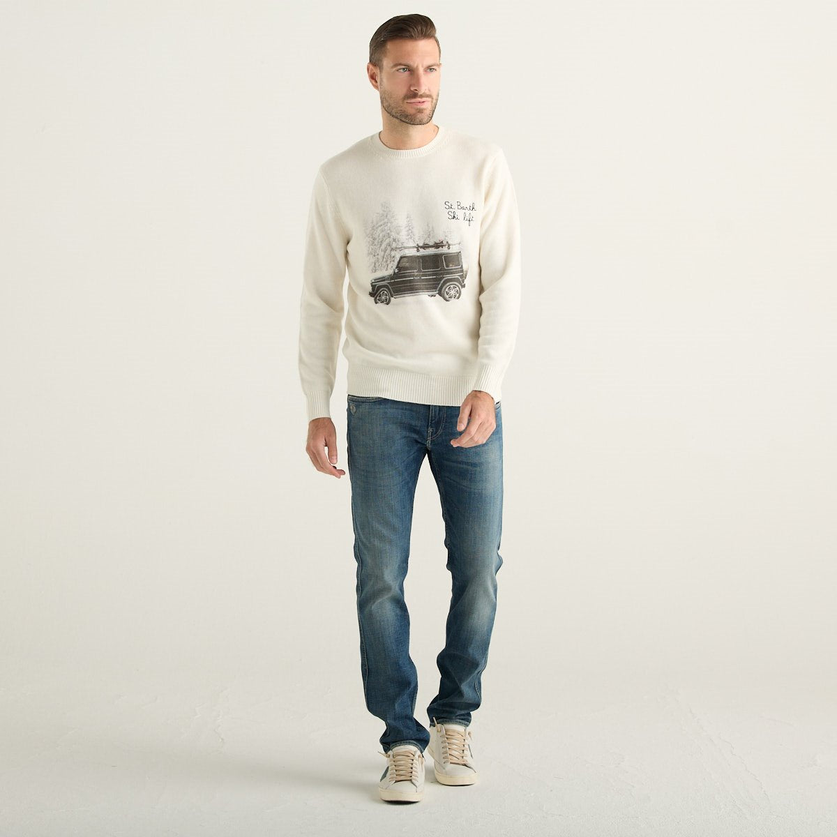 MC2 Saint Barth Maglione Uomo Panna con Stampa Ski Life