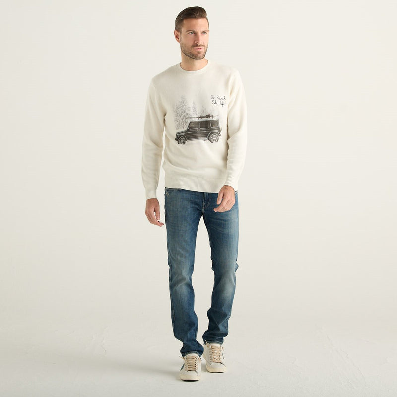 MC2 Saint Barth Maglione Uomo Panna con Stampa Ski Life