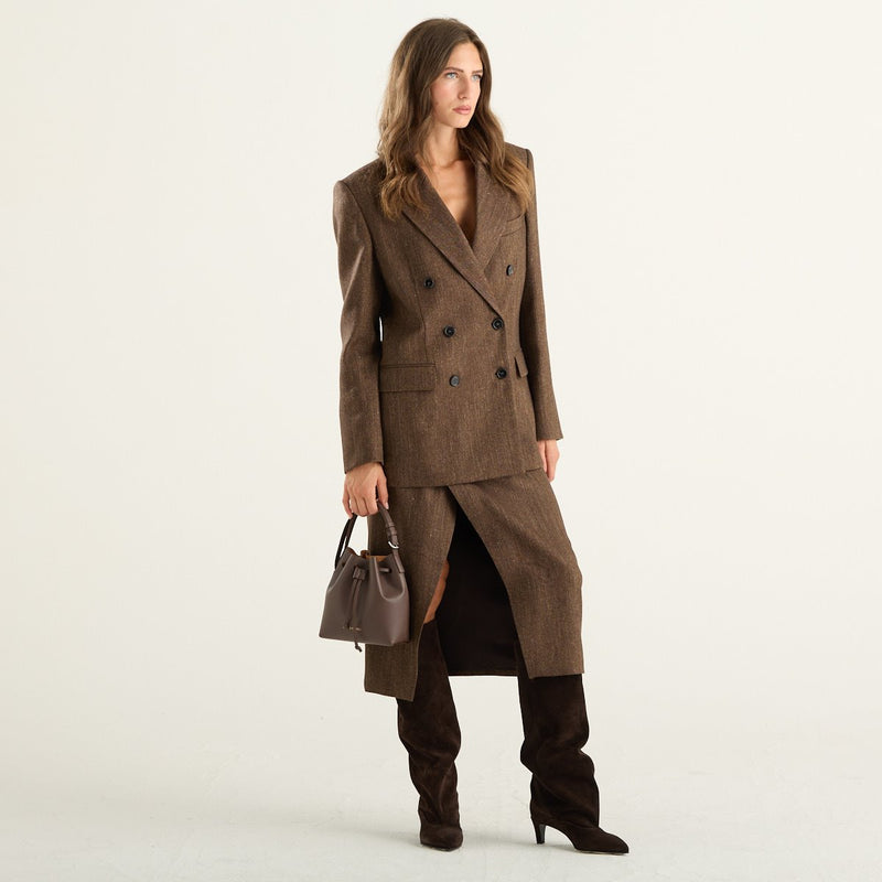 Solo Tre giacca doppiopetto donna in misto lana spinato marrone Cocoa