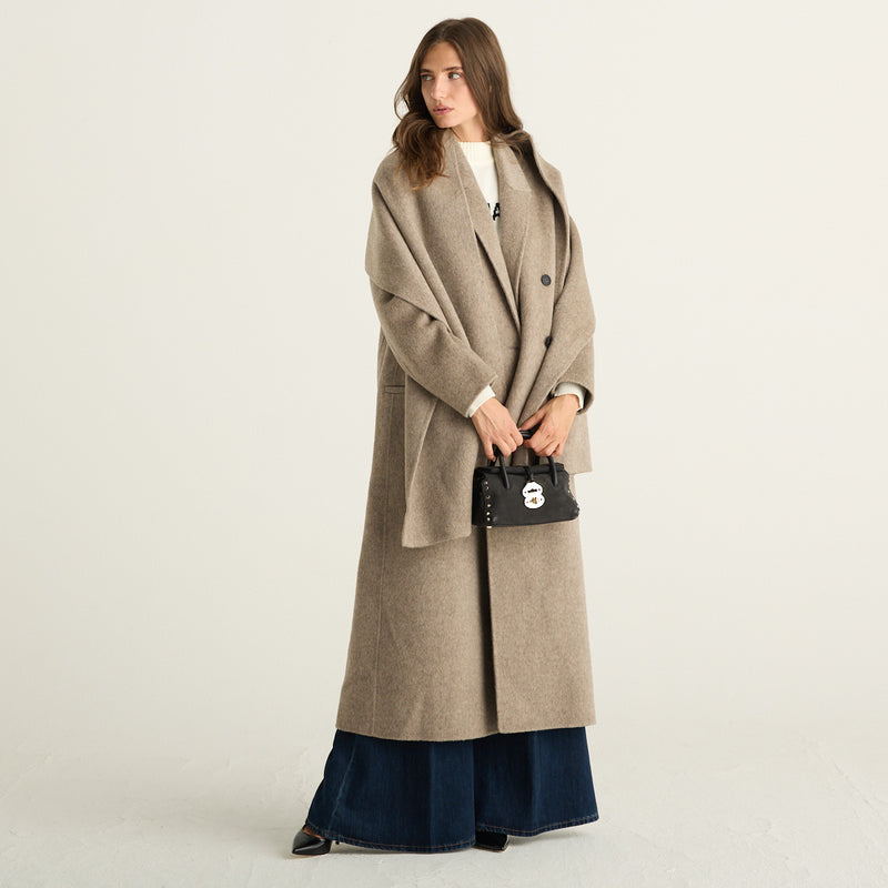 Mei Mei J Cappotto Lungo Donna Beige Tortora Mélange in Lana Cashmere e Seta con Sciarpa