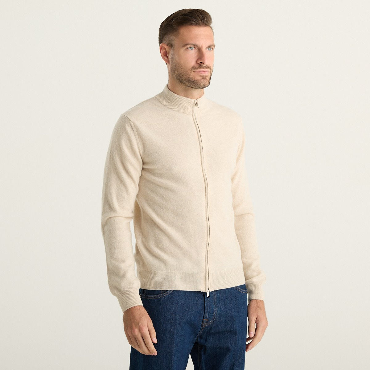 Wool & Co Cardigan Uomo Beige Chiaro in Lana Merino e Cashmere con Zip