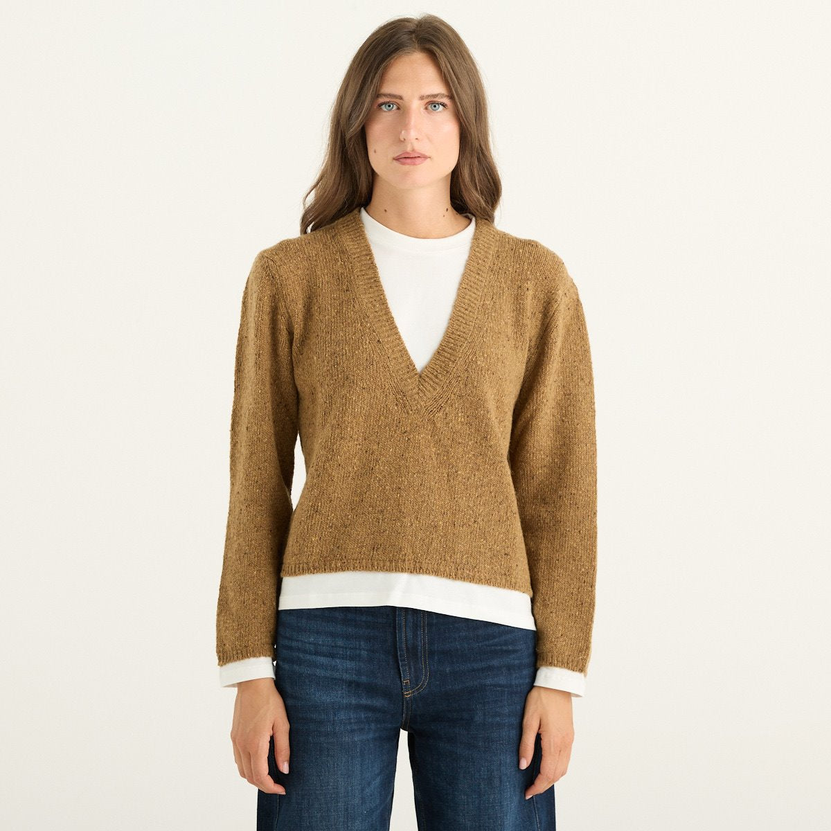 Solo Tre maglia donna Biscuit mélange con scollo a V ed effetto sovrapposto