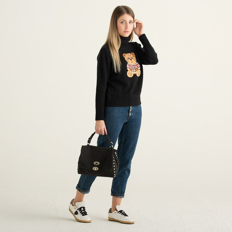Rue Madam Paris Maglione Dolcevita Donna Nero con Orsetto Marvin in Misto Lana