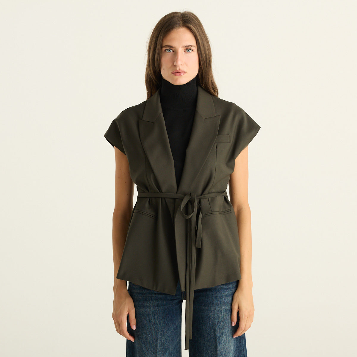 Mei Mei J Gilet Donna Verde Oliva Sartoriale con Rever e Cintura in Vita