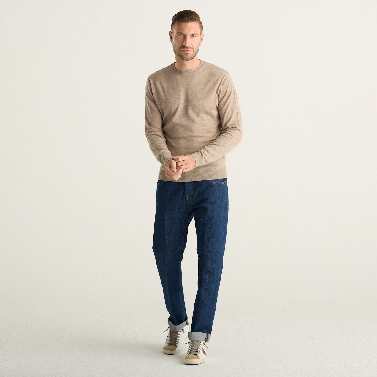 Wool & Co Maglione Uomo Beige Mélange in Lana Merino e Cashmere Girocollo