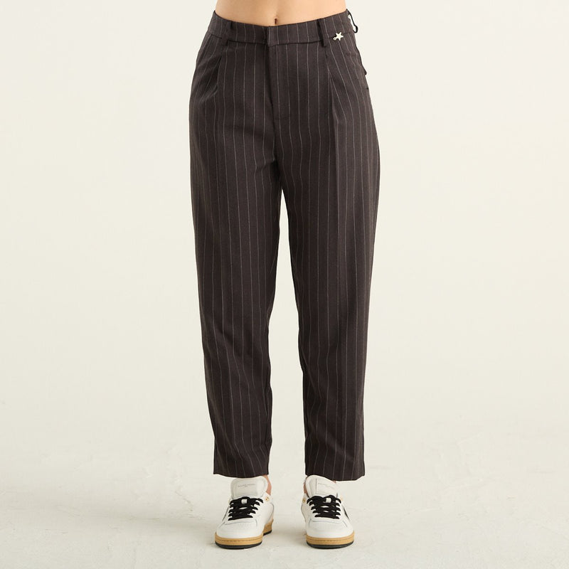 Souvenir pantalone donna marrone gessato in misto lana vergine