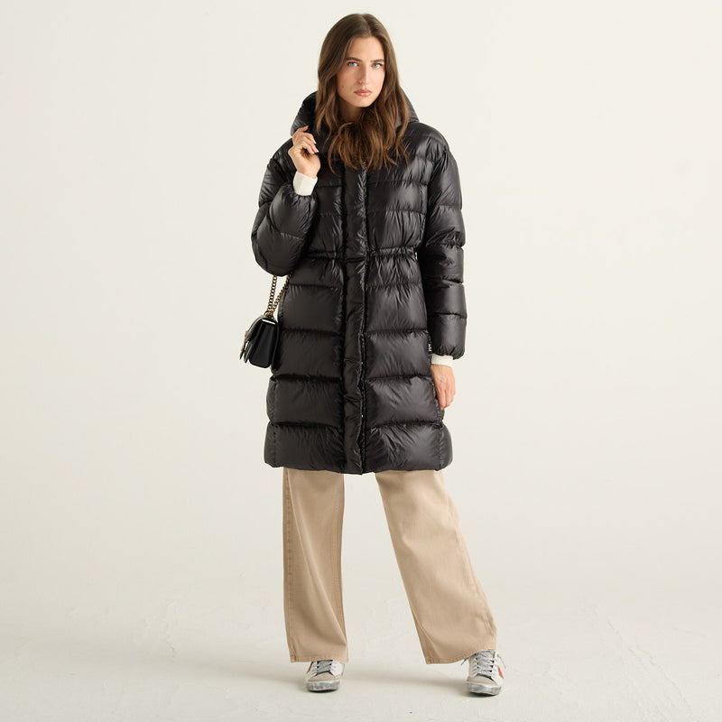 ADD Piumino Lungo Donna Nero con Cappuccio e Coulisse in Vita