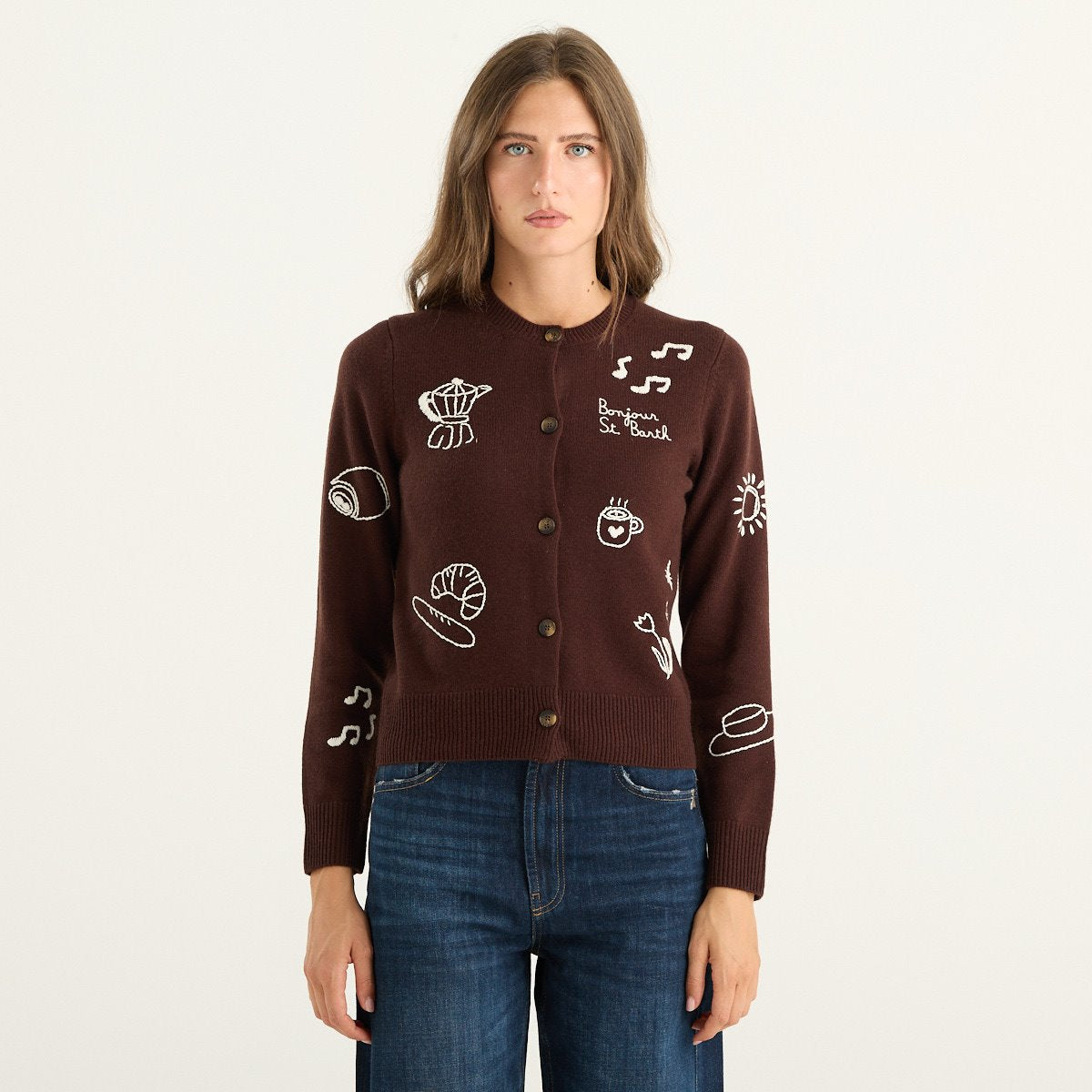 MC2 Saint Barth cardigan donna Sierra in lana marrone con ricami