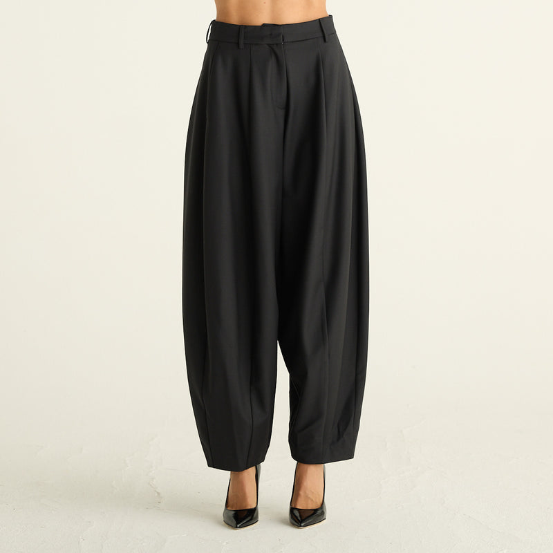 Mei Mei J Pantaloni Donna Neri a Vita Alta con Pinces e Gamba Ampia a Palloncino