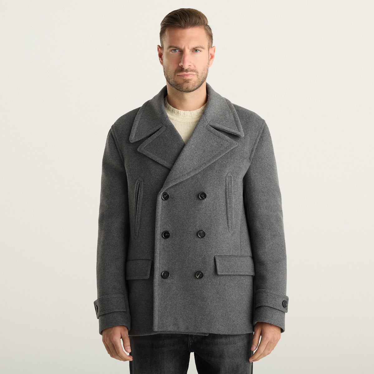 Dondup Cappotto Corto Uomo Grigio Mélange Doppiopetto con Rever Ampi