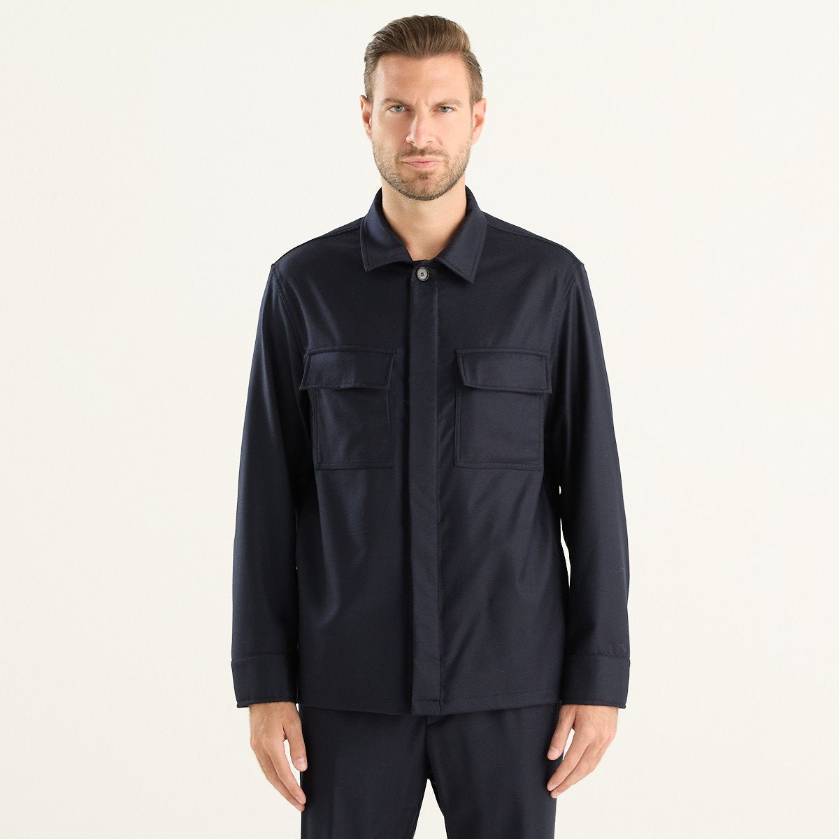 Cruna camicia giacca uomo Bruges in lana blu notte