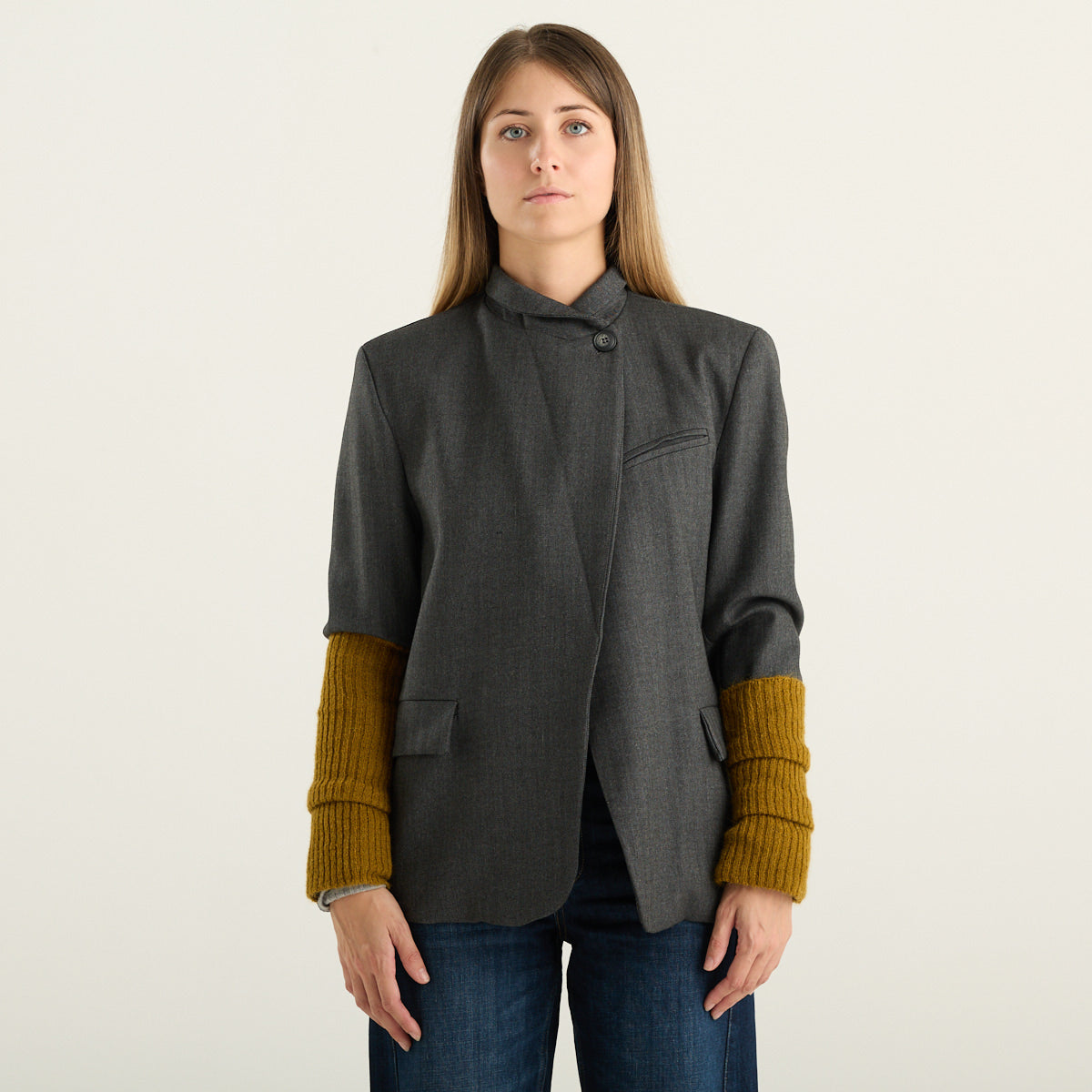 Souvenir blazer donna grigio con manicotti in maglia
