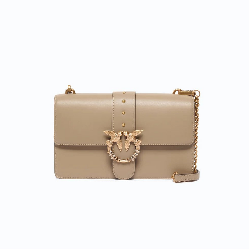 Pinko borsa a tracolla media Love Bag One in pelle beige con fibbia gioiello
