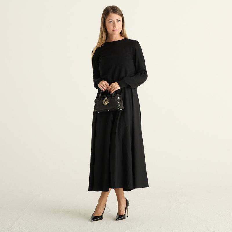 Mei Mei J Abito Donna Nero Midi con Cardigan, Girocollo e Gonna Ampia