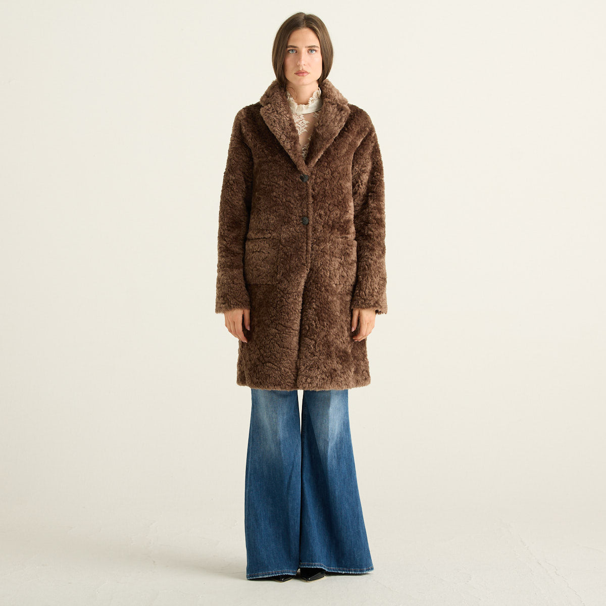 Blanche Cappotto Reversibile Donna Marrone Nocciola e Fango Effetto Montone con Tasche