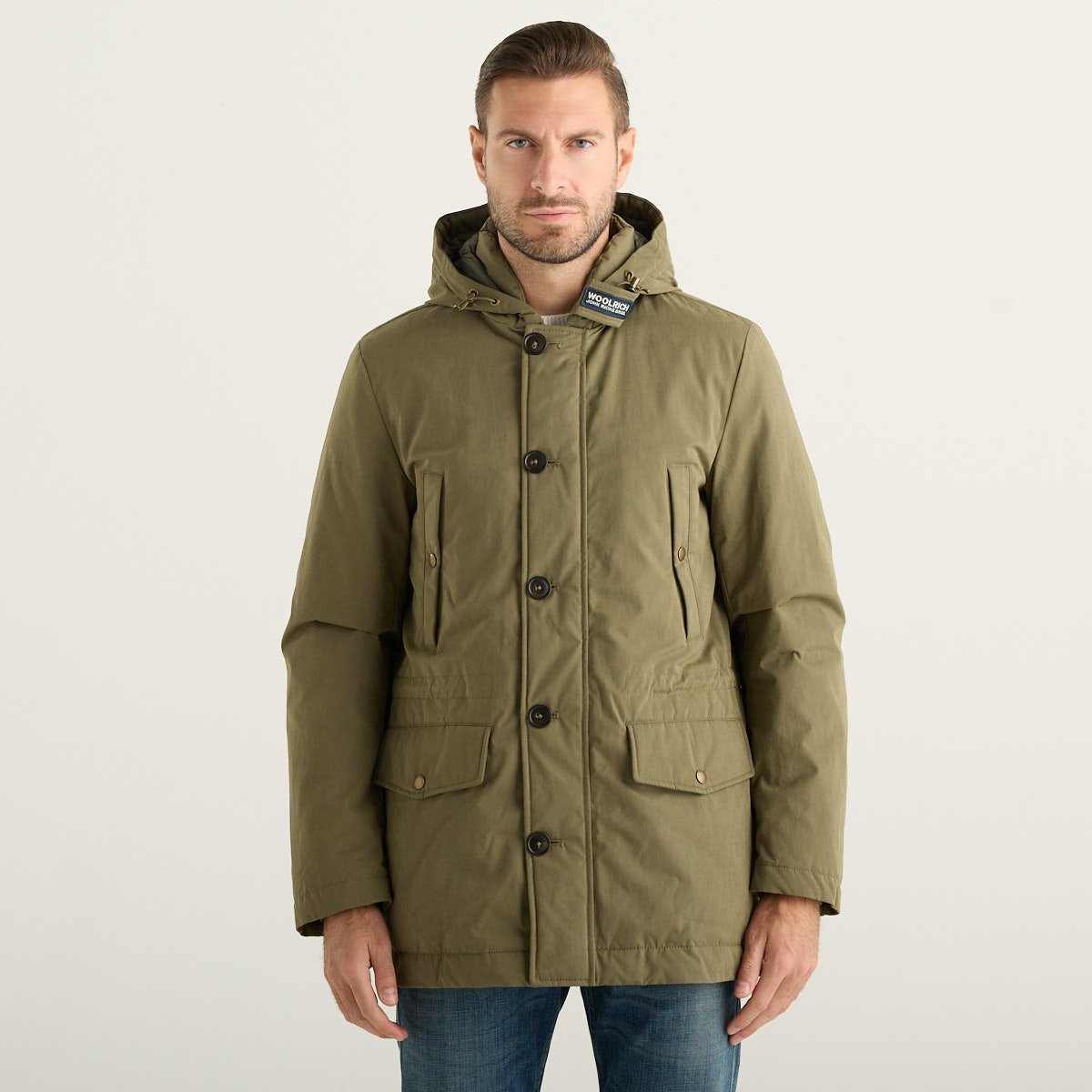 Woolrich Mountain Cloth Parka Uomo Verde Oliva con Cappuccio e Imbottitura in Piumino d'Anatra