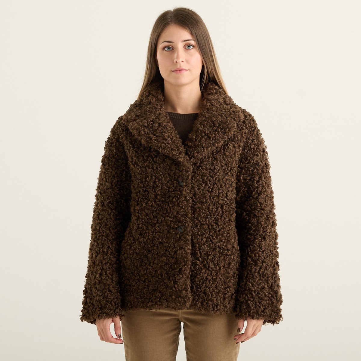 Blanche Giacca Reversibile Donna Marrone Cioccolato con Pelliccia Riccia Effetto Montone