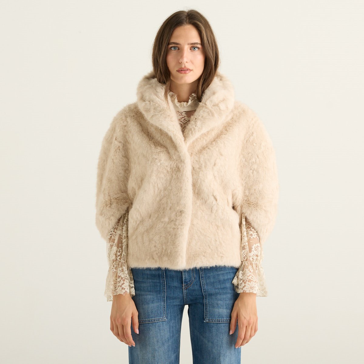 Blanche Giacca Reversibile Donna Beige con Pelliccia e Collo a Scialle