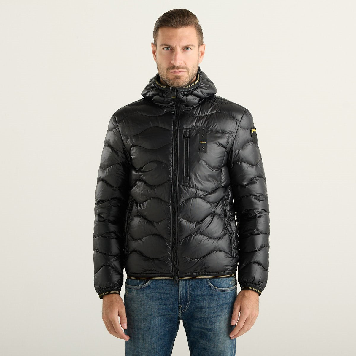 Blauer Piumino Uomo Nero Lucido con Cappuccio