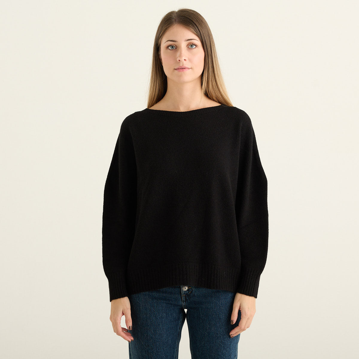 Haveone Maglione Donna Nero a Girocollo con Maniche a Pipistrello e Vestibilità Morbida