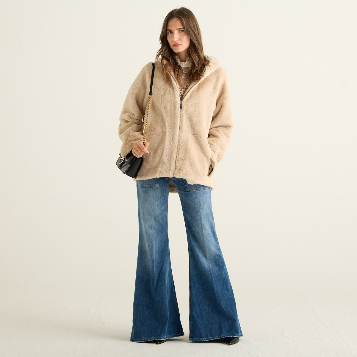 Blanche Giacca Reversibile Donna Beige con Cappuccio in Pelliccia Effetto Montone