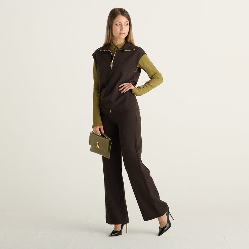 Patrizia Pepe pantaloni donna palazzo marroni in micro bouclé con zip dorata