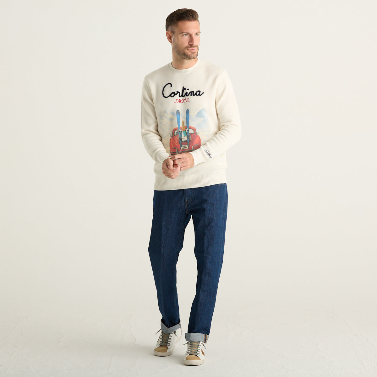 MC2 Saint Barth Maglione Uomo Cortina Bianco Panna con Stampa Sci Vintage