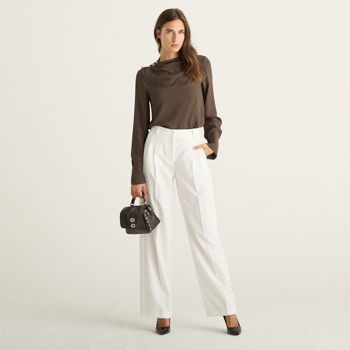 Patrizia Pepe blusa donna marrone in viscosa con drappeggio e bottoni dorati