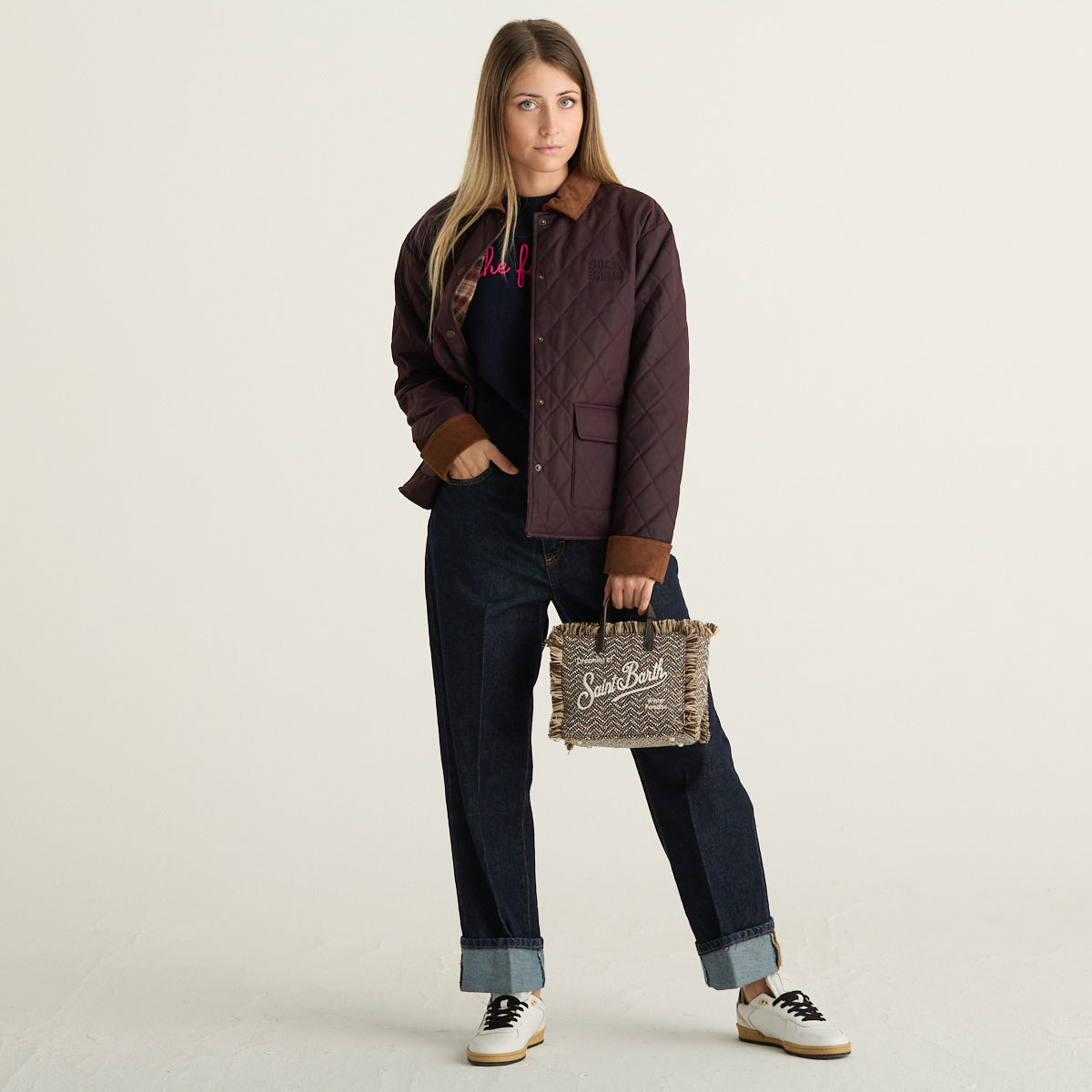 MC2 Saint Barth Giacca Donna Trapuntata Bordeaux con Colletto e Polsini in Velluto a Coste