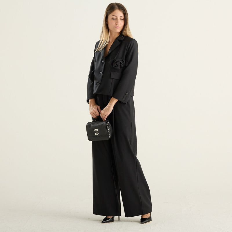 Meimeij blazer donna nero in misto lana con rose applicate