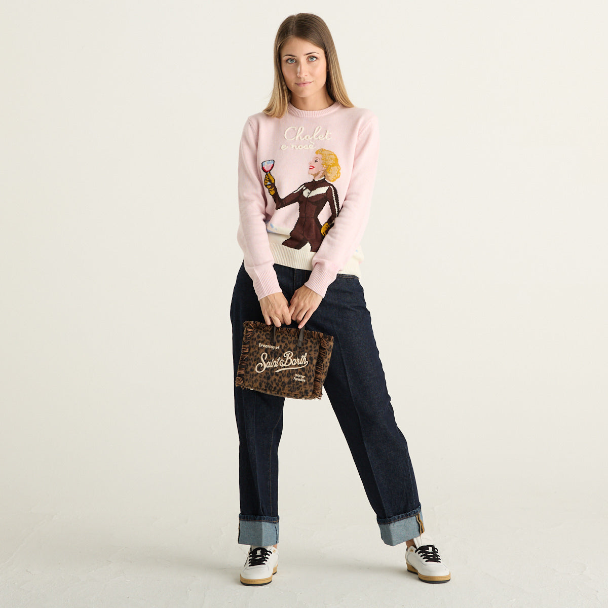 MC2 Saint Barth Maglione Donna Rosa con Ricamo Chalet e Rosé