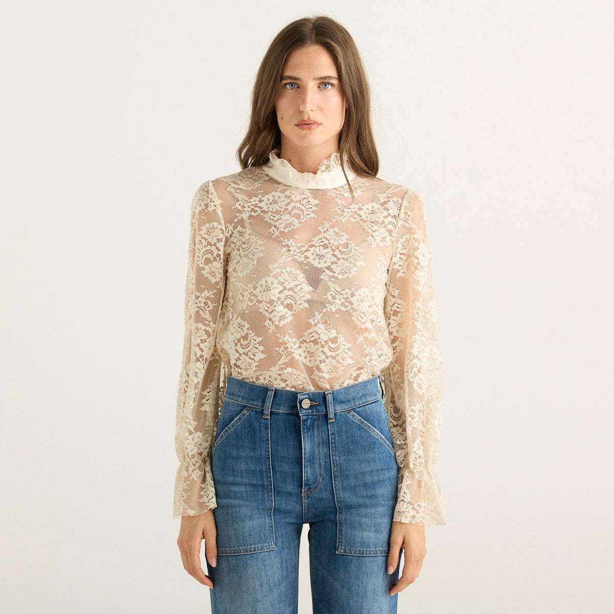 Haveone Blusa Donna in Pizzo Floreale Avorio con Collo Alto e Maniche Lunghe