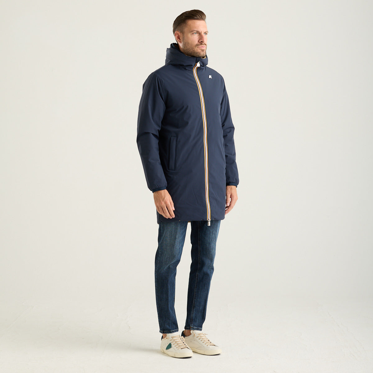 K-Way giubbotto lungo jacob reversibile blu e beige con cappuccio
