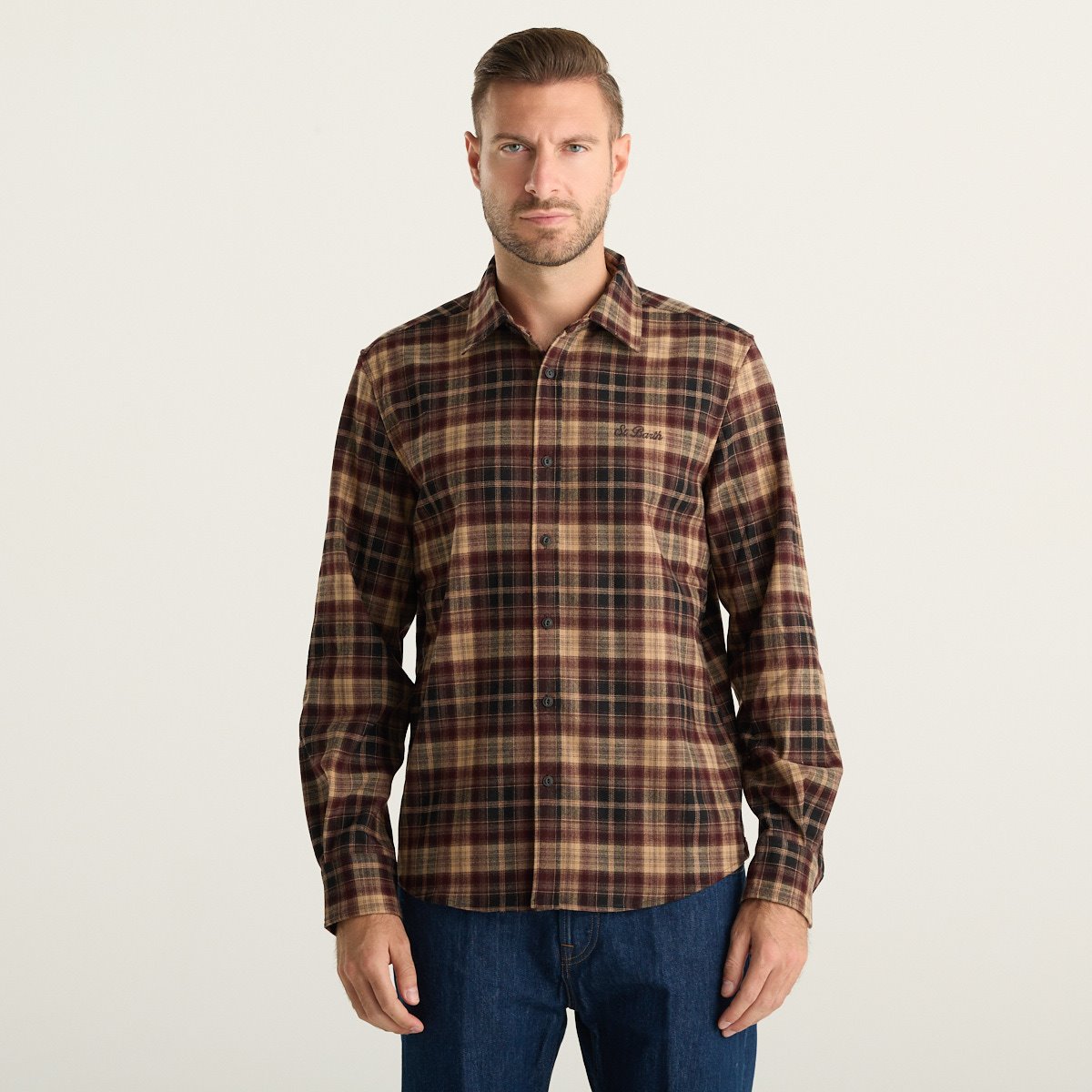 MC2 Saint Barth Camicia Uomo a Quadri Bordeaux, Beige e Nero con Maniche Lunghe