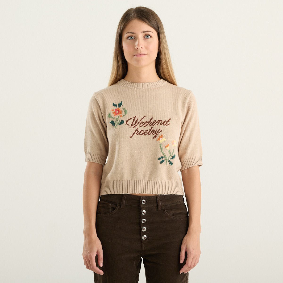 Weekend Max Mara maglia donna Fiacre in cotone sabbia con ricami floreali