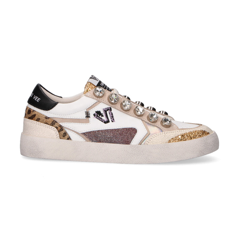 Emanuelle Vee sneakers allacciata in pelle bianca e glitter oro