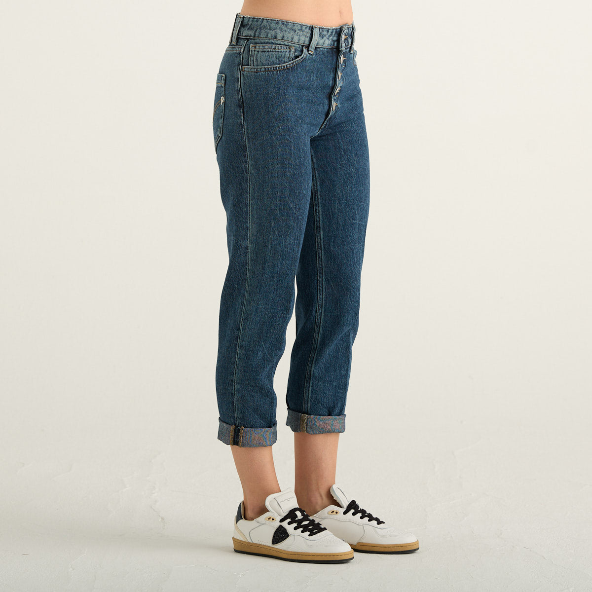 Dondup Koons Jeans Donna Blu Medio con Bottoni a Vista, Gamba Morbida e Risvolto