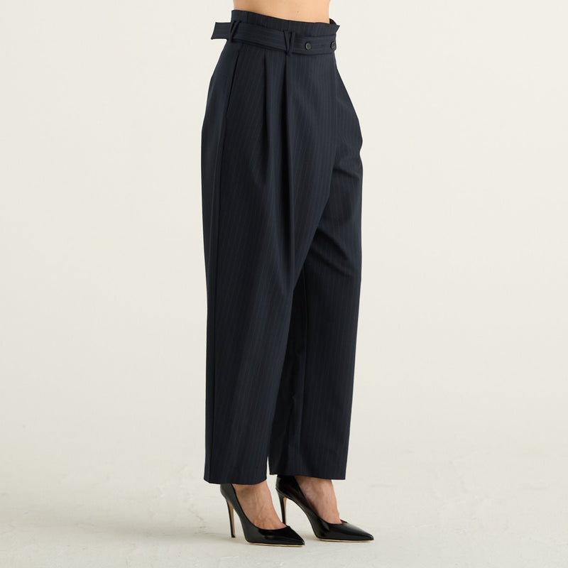 Meimeij pantalone donna blu gessato a vita alta in misto lana vergine
