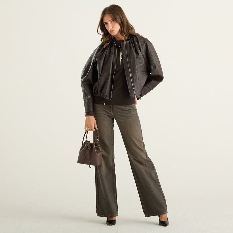 Meimeij giacca bomber donna in similpelle marrone con coulisse