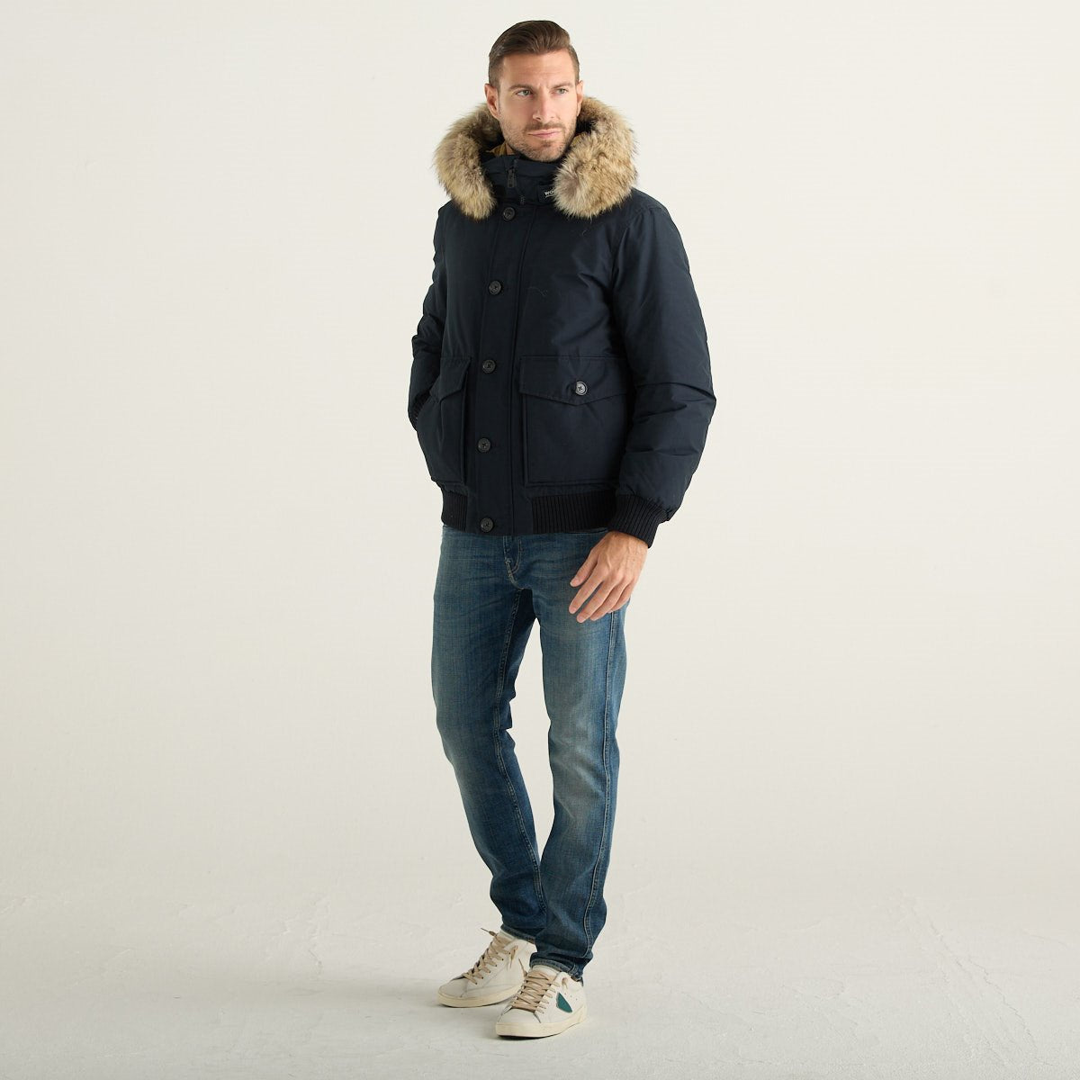 Woolrich Polar Bomber Uomo Blu Navy in Ramar Cloth con Cappuccio e Pelliccia Removibile