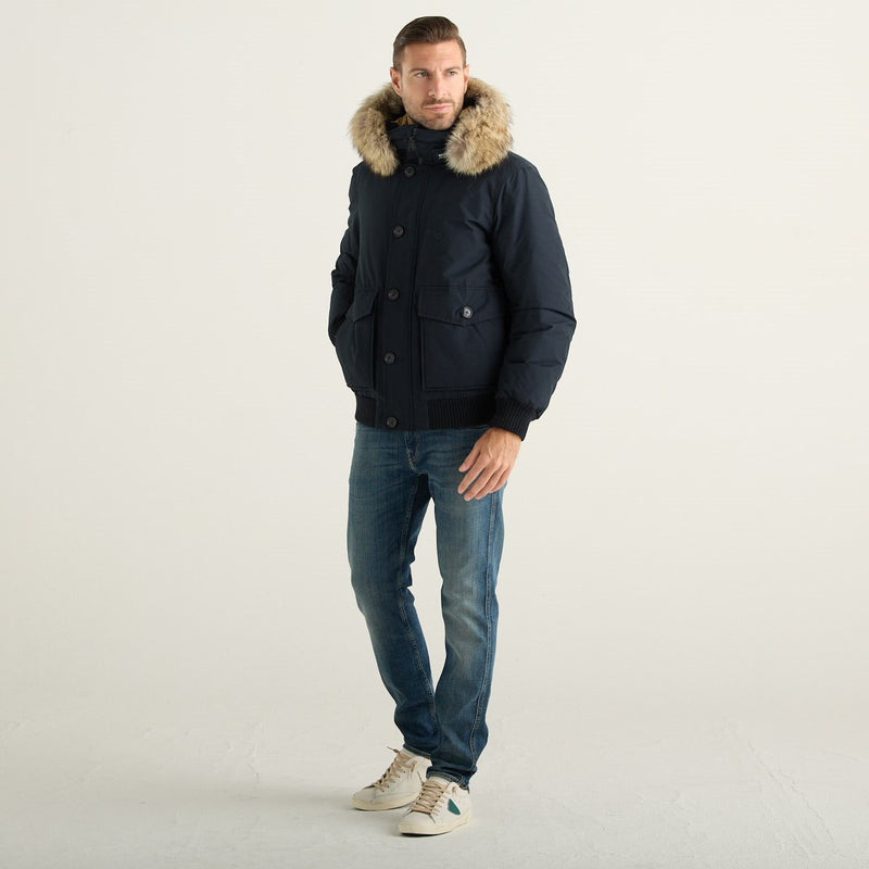 Woolrich Polar Bomber Uomo Blu Navy in Ramar Cloth con Cappuccio e Pelliccia Removibile