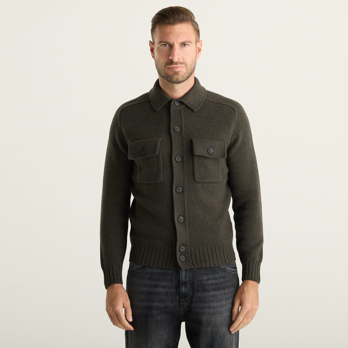 Gran Sasso Giacca Camicia Uomo Verde Oliva in Maglia con Tasche e Bottoni