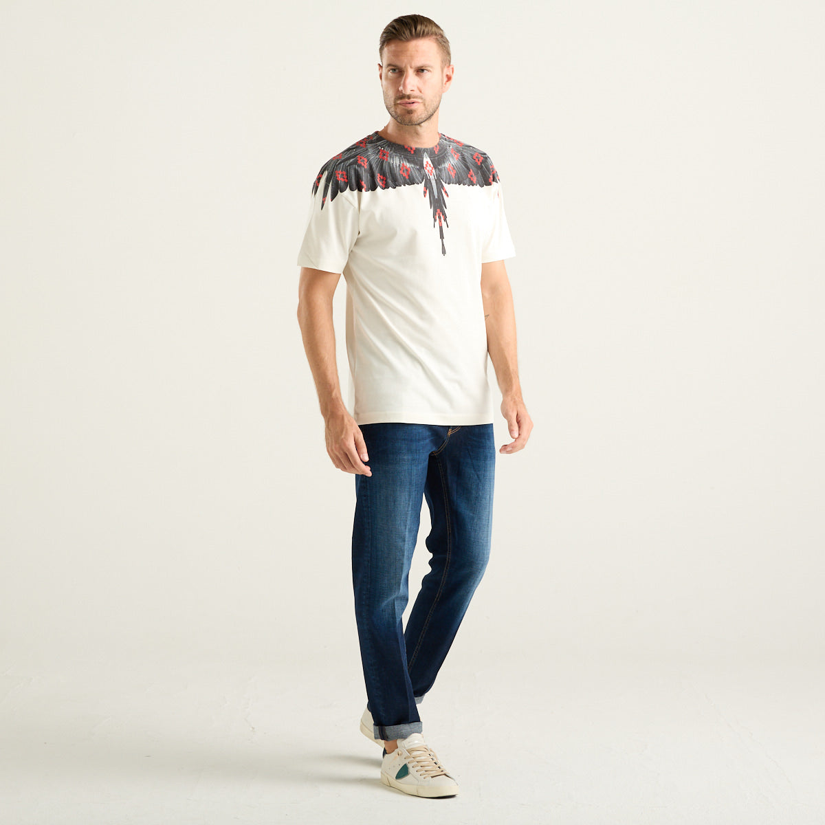 Marcelo Burlon Wings T-Shirt Uomo Panna con Stampa Rossa