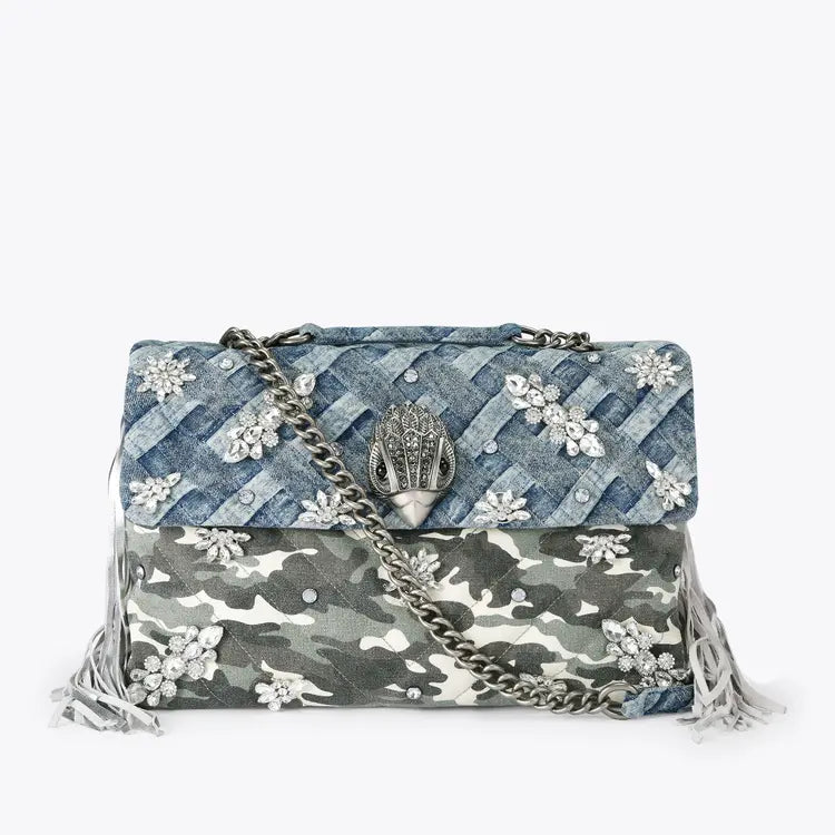 Kurt Geiger borsa a spalla denim con gioielli