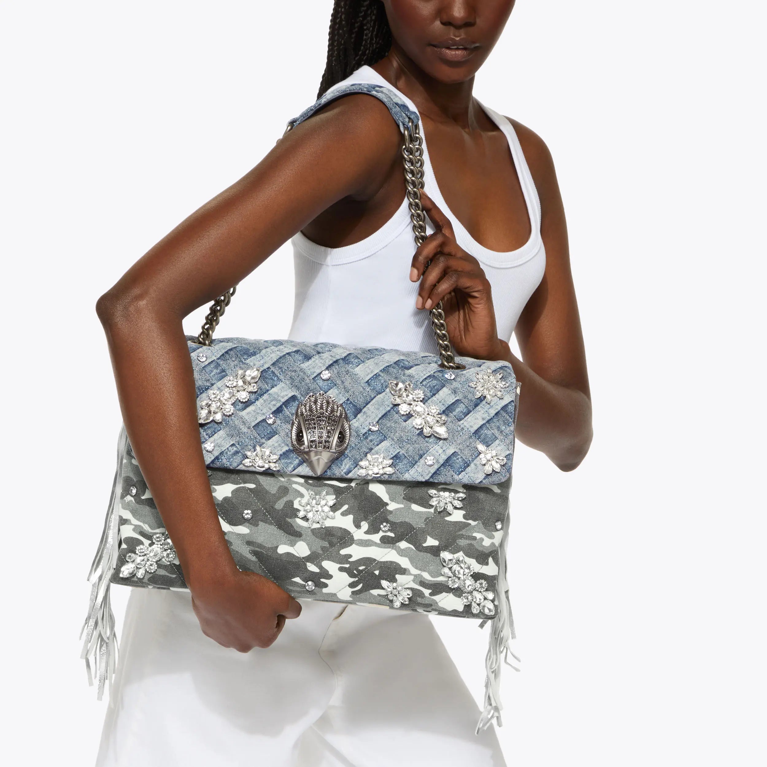 Kurt Geiger borsa a spalla denim con gioielli